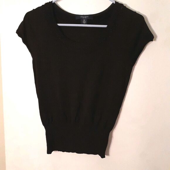 Jones Wear Top Black Beaded Crewneck Short Cap Sleeve Knit Blouse Summer S Shirt - Picture 1 of 11